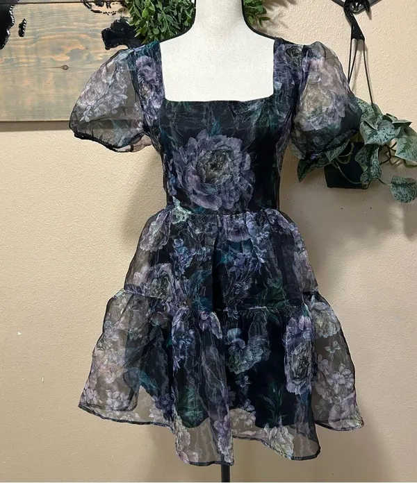 Lulus Exceptional Fate Black Floral Organza Puff Sleeve Mini Dress - Image 3