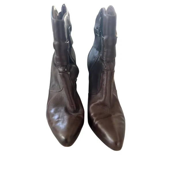 Via Spiga Chocolate Brown Leather Gold Buckle Point Toe Stiletto Boot - Image 2