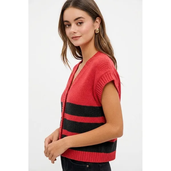BiBi Game Day Theme Stripe Buttoned V Neck Knit Cardigan - Red/Black - Medium - Image 2