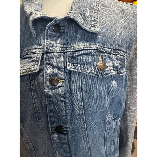 Free People Distressed Denim Jacket Mixed Fabric Knit Sleeve Moto Trucker Size M - Image 7
