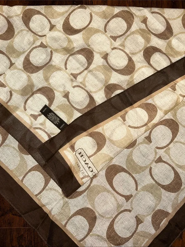 Coach Signature C Square Scarf Brown Beige Cotton Silk Blend Aprox 26” - Image 6