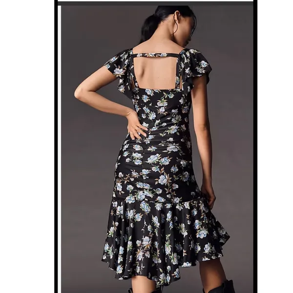 Anthropologie NWT Floral Sweetheart Ruched Drop waist Dress large‎ elegant goth - Image 2