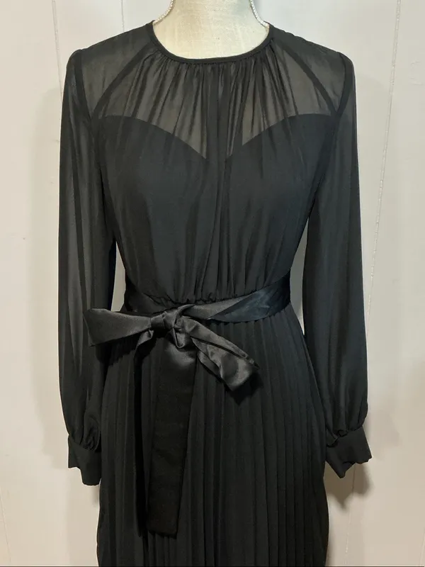 Chiffon Black Long-Sleeve Pleated Maxi Dress with Satin Waist Tie - Image 2