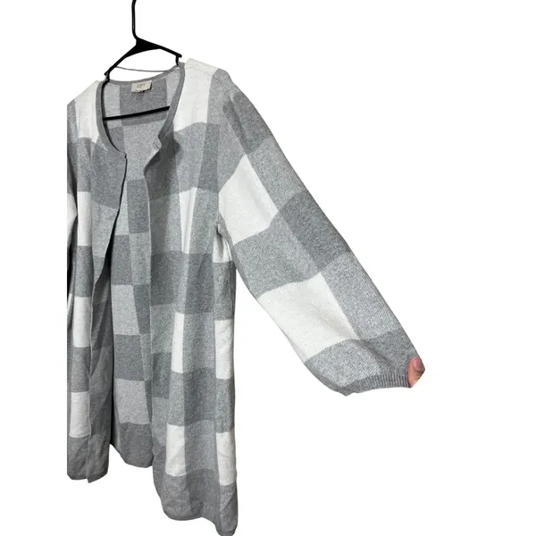 LOFT Outlet XL Gray‎ & White Checkered Long Sleeve Open Front Cardigan - Image 4