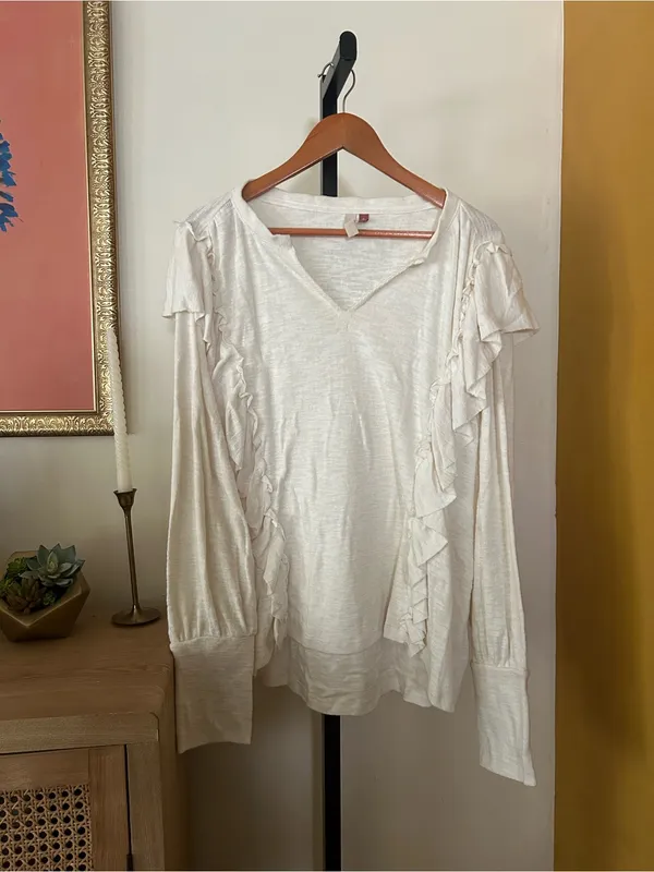 Anthropologie Pilcro Cozy Ruffle Popover Top Long Sleeve V-Neck Ivory Cream XL‎ - Image 2