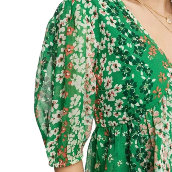 ASOS Wednesday's Girl puff sleeve mini smock dress in green patchwork - Image 3