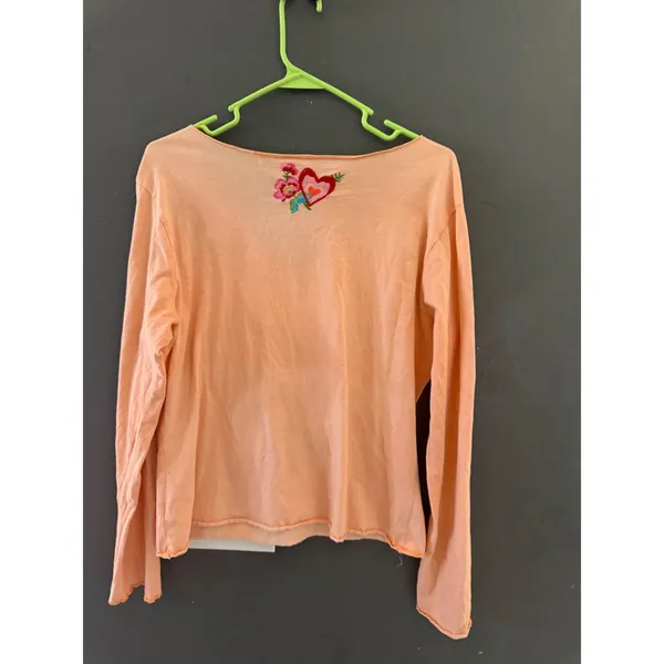 Boho Peach Long‎ Sleeve Embroidered Floral Love V-Neck Top Lettuce Trim Y2K - Image 5