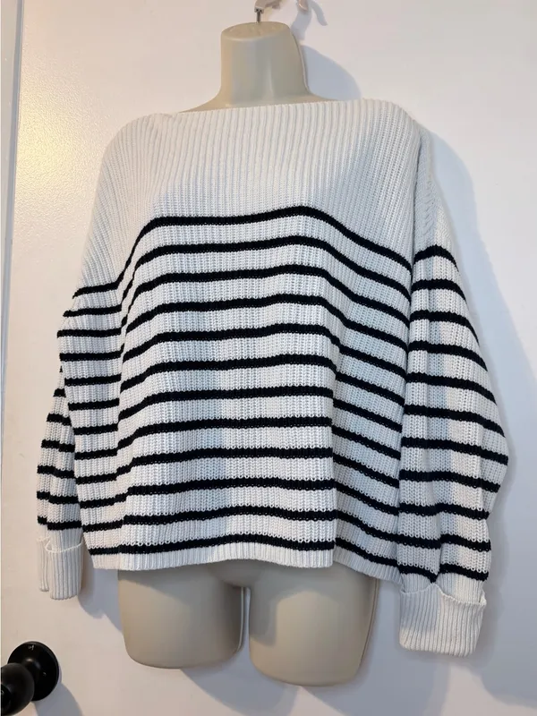 French Connection XS White Black Stripe Knit Boat Neck Sweater Cotton - Image 5