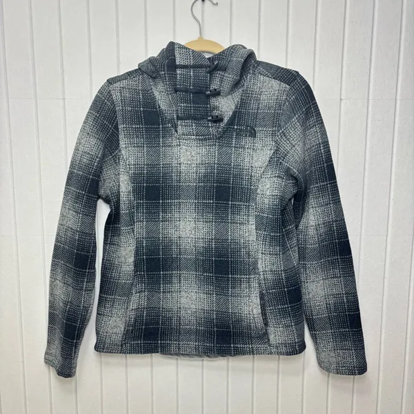The North Face Women's Plaid Fleece‎ Pullover Cowl Blue and gray Hoodie Size S - Image 5