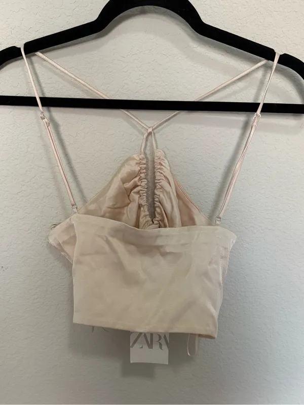 ZARA Blush Pink Satin Strappy Cut-Out Crop Top Size XS NEW - Image 9