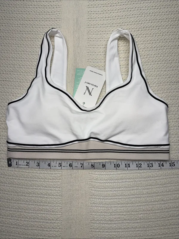 White Sports Bra with Taupe Band and Black Piping - Image 3