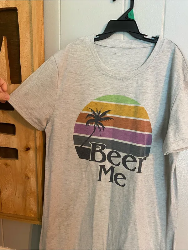 Small Casual Heather Gray Tee Dress with Sunset Palm 'Beer Me' Graphic - Image 3