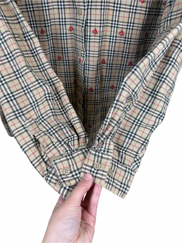 Vintage Plaid Floral Embroidered Button Down Shirt Grannycore Fall Acadamia XL - Image 5