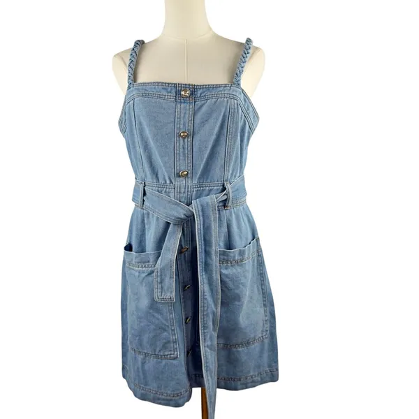 Storia Back At It Denim Braided Strap Belted Mini Dress Pockets - Image 3
