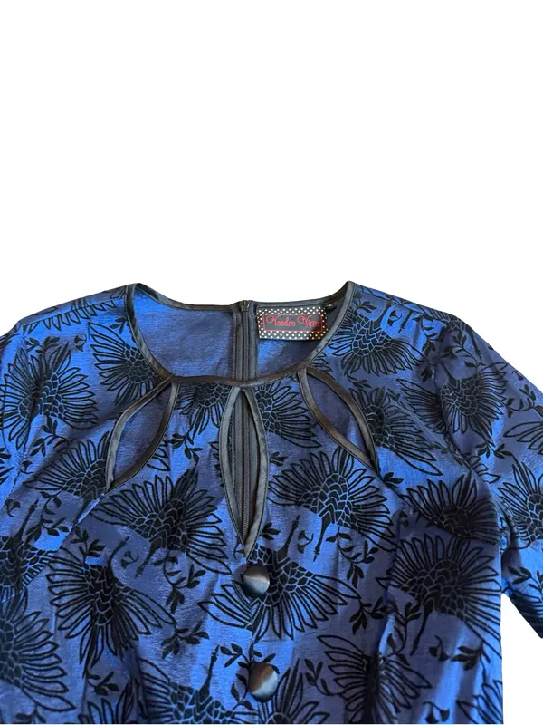 Voodoo Vixen Blue Black Bird Print Belted Fit Flare Midi Dress Medium Women's - Image 2