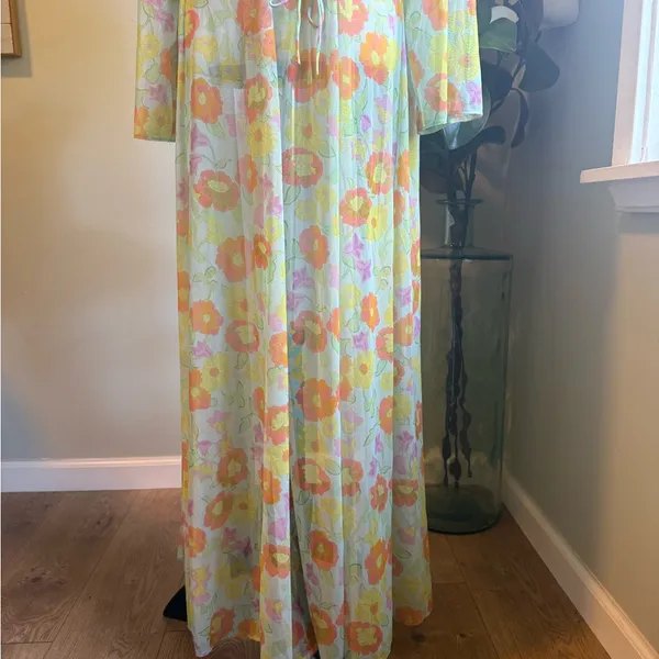Savage X Fenty FREE SPIRIT FLORAL FULL-LENGTH‎ ROBE pink yellow small sheer NWT - Image 11