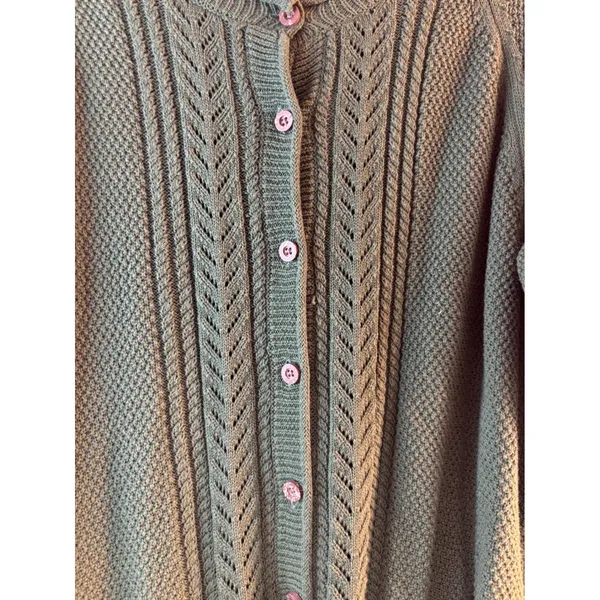 Coldwater Creek Green Cotton Pointelle Cable Knit Button Cardigan Sweater L - Image 2
