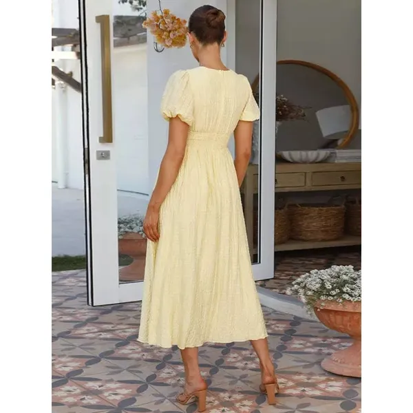 Commense Butter Yellow Plaid Picnic Whimsy Cottage Button Front Maxi Dress NWT M - Image 3
