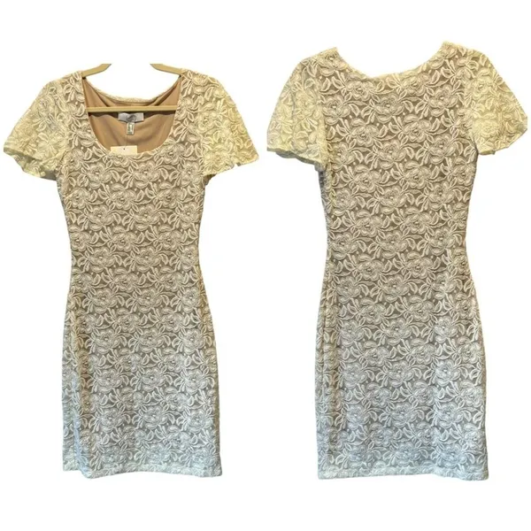 NWT‎ Belle Badgley Mischka Lace Floral Sequin Stretch Mini Dress White Nude - Image 2