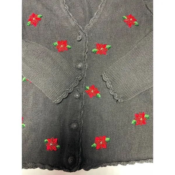 Victoria Jones VintageSweater Poinsettia Cardigan Beaded Christmas Grandma M - Image 6
