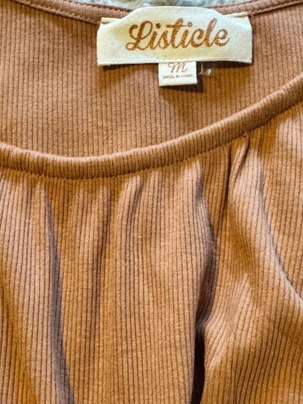 Listicle Brown Ribbed Knit Short Puff Sleeve Crop Top with Tie Back Size M - Image 3