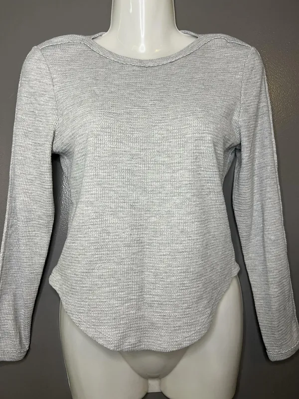 Free People Shirt Womens Small Gray Waffle Knit Crew Neck Long Sleeve Top - Image 2