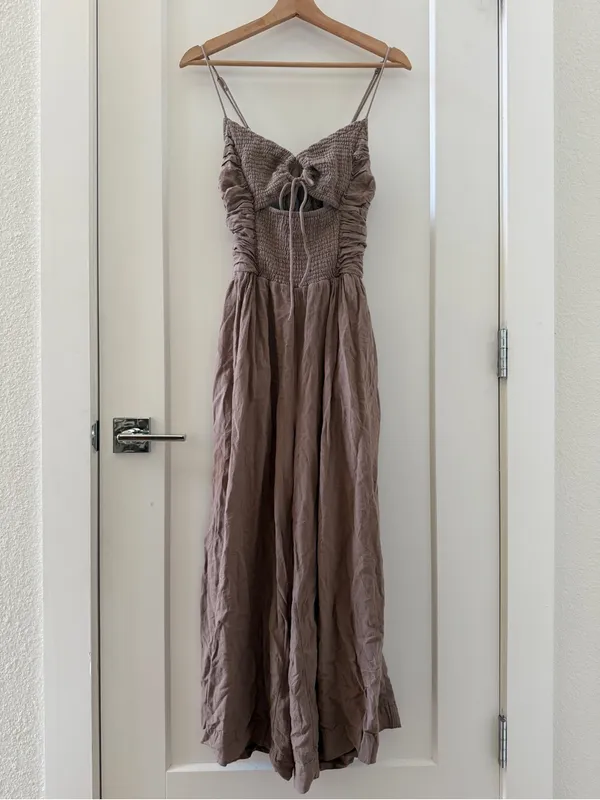 Free People Endless Summer Day Glow One Piece Smocked cutouts Jumpsuit Taupe M - Image 3