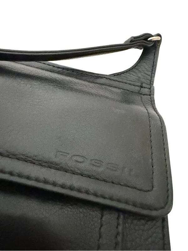 Fossil Black Leather Flap Front Crossbody Bag Long Strap Pocket One Size Women's - Image 5