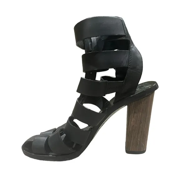 Vince Sandals Caged Strappy Nicolette Womens 5.5M Black Leather Block High Heel - Image 4