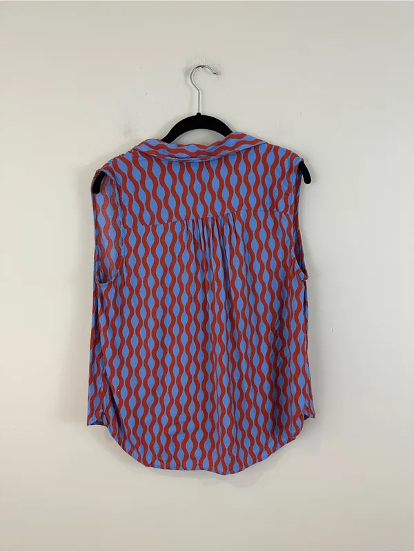 LOFT Sleeveless V-Neck Wave Print Top in Orange and Light Blue Size Large - Image 6