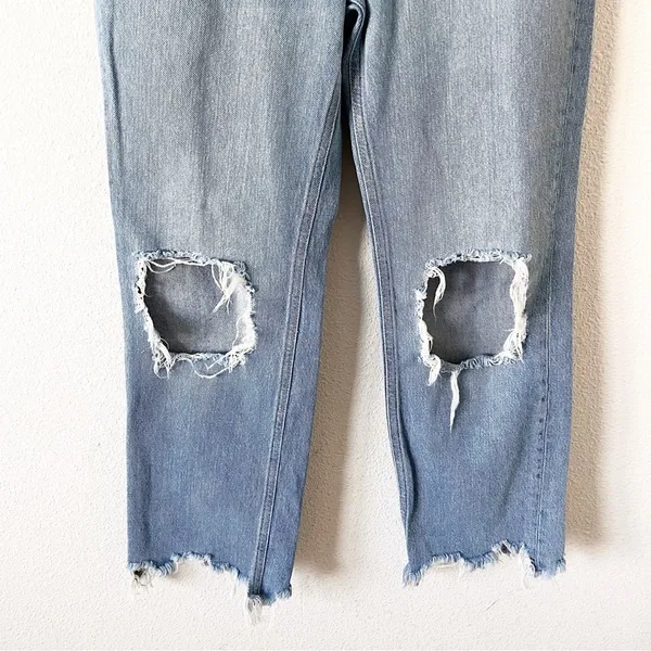 Free People Maggie Straight Leg Jeans Distressed Mid Rise Raw Hem - Image 3