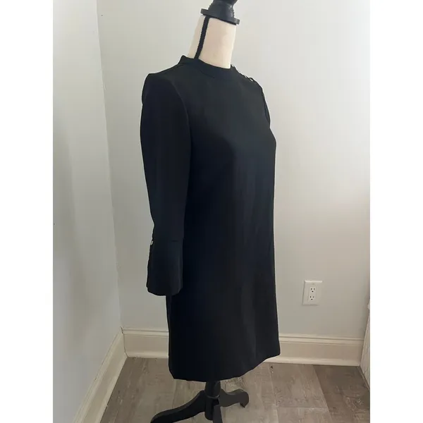 H&M Black Mock Neck Shift Dress 2 Button Bell Sleeve‎ Office Chic Preppy Minimalist - Image 4