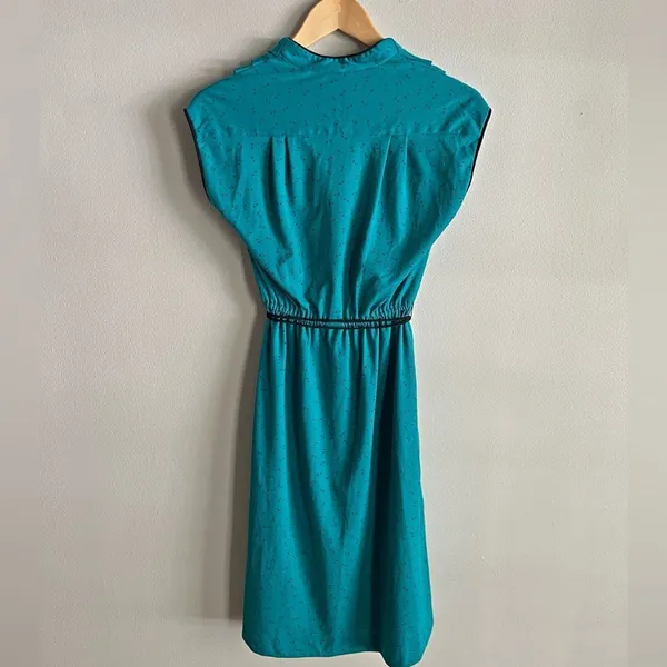 Vintage 70s Teal Mod Dress Abstract Print Cinched Waist Small - Image 9