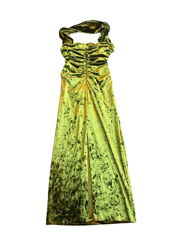 Zara Bold Green Strapless Crushed Velvet Dress Neck Strap Midi Size Medium Women - Image 9