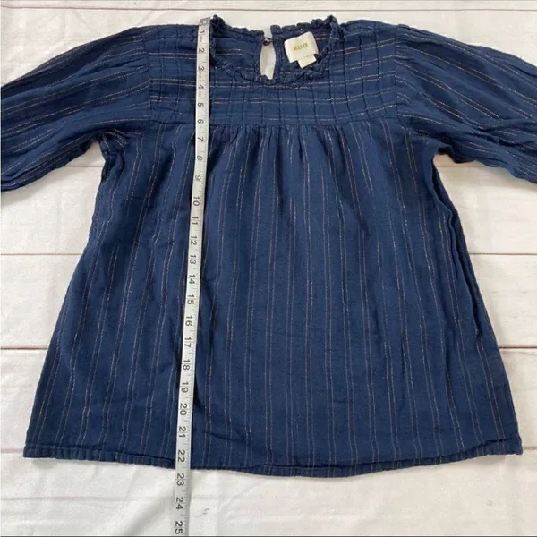 Anthropologie Maeve Navy Striped Long Sleeve Keyhole Back Pleated Blouse Size M - Image 9