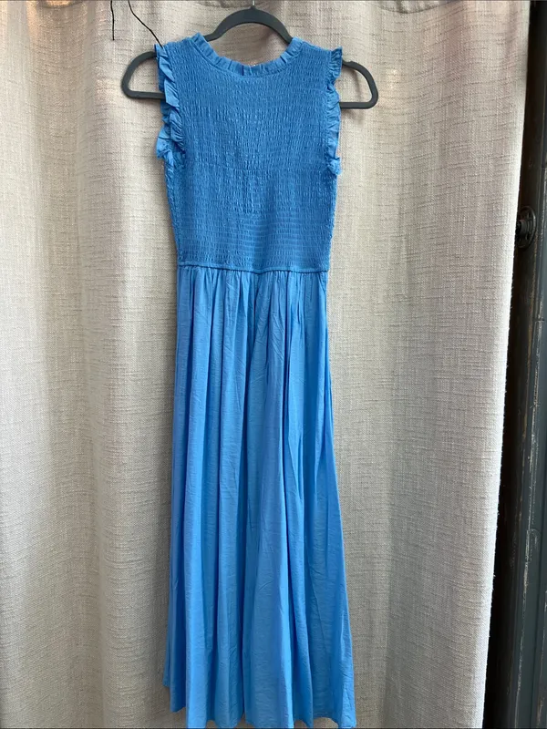 Light Blue Smocked Midi Dress V-Neck Button Front Ruffle Small - Image 13