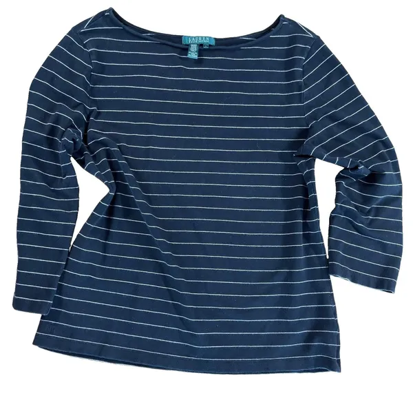 Lauren Ralph Lauren Top Large Black Stripe Boat Neck Cotton Coastal Preppy - Image 6
