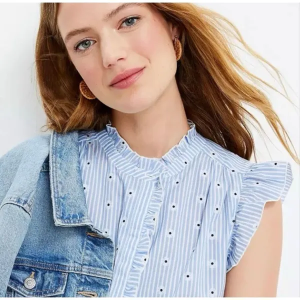 Loft Blue White Stripe Daisy Ruffle Button Front Top Women's Medium - Image 2
