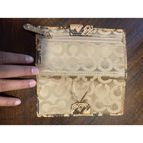 Wallet Coach Madison Op Sateen Slim Bifold Khaki Python Snake‎ Leather RARE J - Image 5
