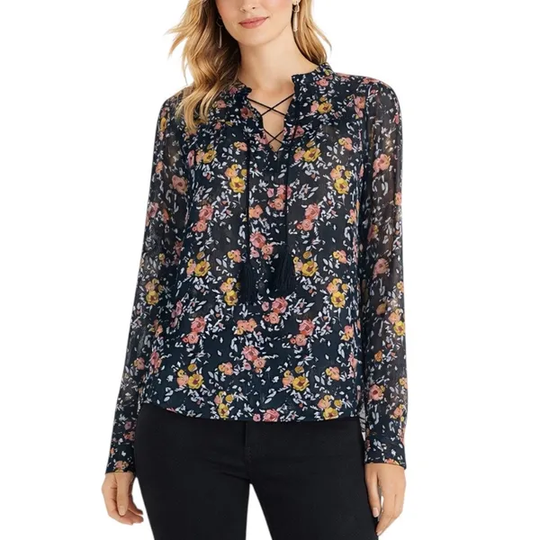 Xhilaration Floral Lace Up Sheer Top Blouse Black Size XS - Image 2