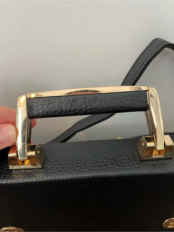 Vintage Black Pebbled Leather Satchel with Gold Hardware briefcase office - Image 3