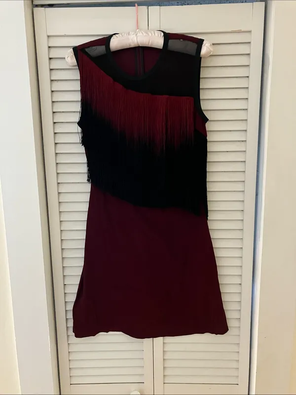 Sandro Ringo Black and Burgundy Maroon Tassel Fringe Cocktail Flapper Dress US 4 - Image 2