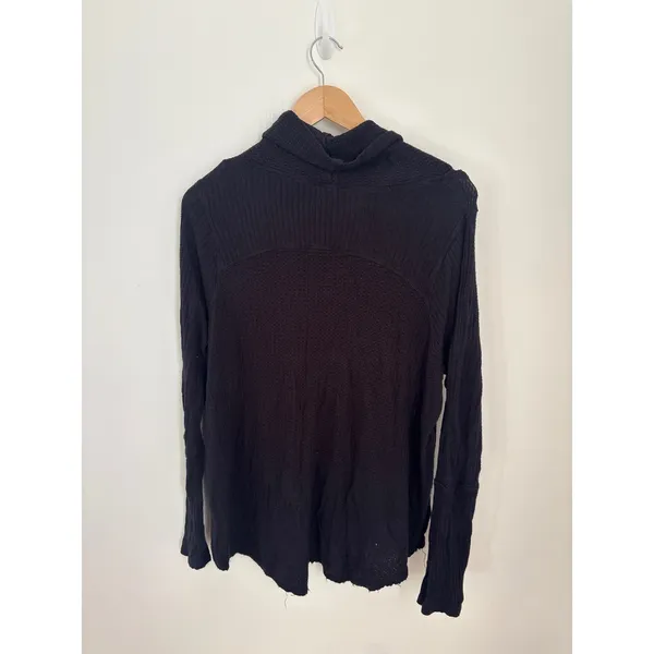 We The Free Free People Black Waffle Knit Cowl‎ Neck Thermal Top Raw Hem Large - Image 3