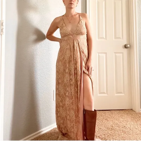 Lulus Stolen Moments Elegant Lace Maxi Dress in Nude - Image 4