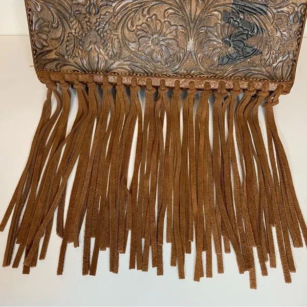 WRANGLER Floral Embossed Fringe Hobo Shoulder Bag Cowgirl PU Leather Brown - Image 4