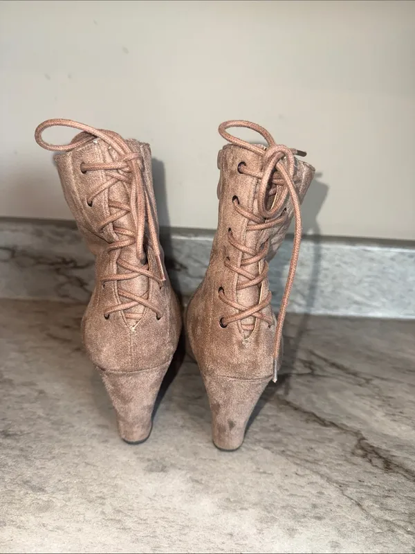2 Lips Too Taupe Suede Wedge Ankle Boots with Lace-Up Back - Image 4