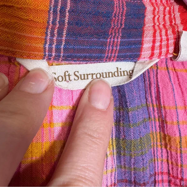 Soft Surroundings Pink Blue Plaid Button Down Shirt Womens L Casual Fall Flannel - Image 10