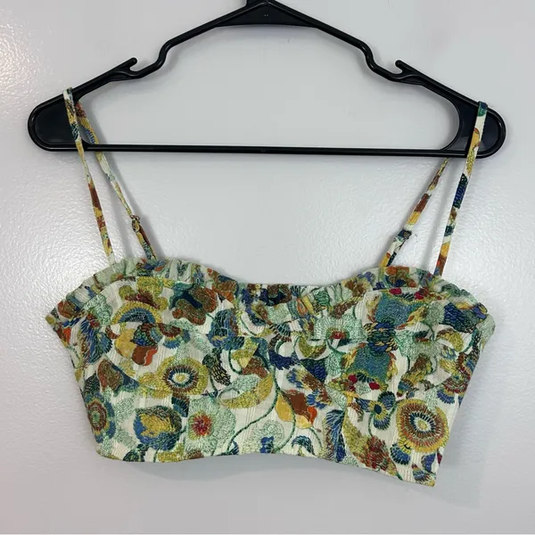 Anthropologie Floral Cropped Embroidered Ruffle Bustier Spaghetti Strap Top XXS - Image 2