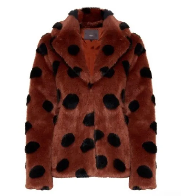 ICHI GINGERBREAD BROWN Faux Fur Coat With Abstract Accents Sz 40 Large NWT - Image 8
