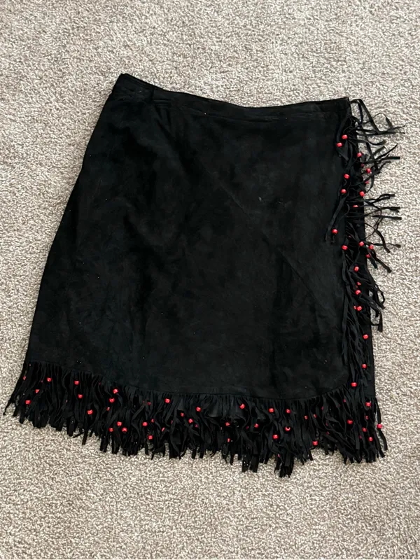 Vintage Black Suede Fringe Red Bead Western Wrap Midi Skirt L XL Cowgirl - Image 5